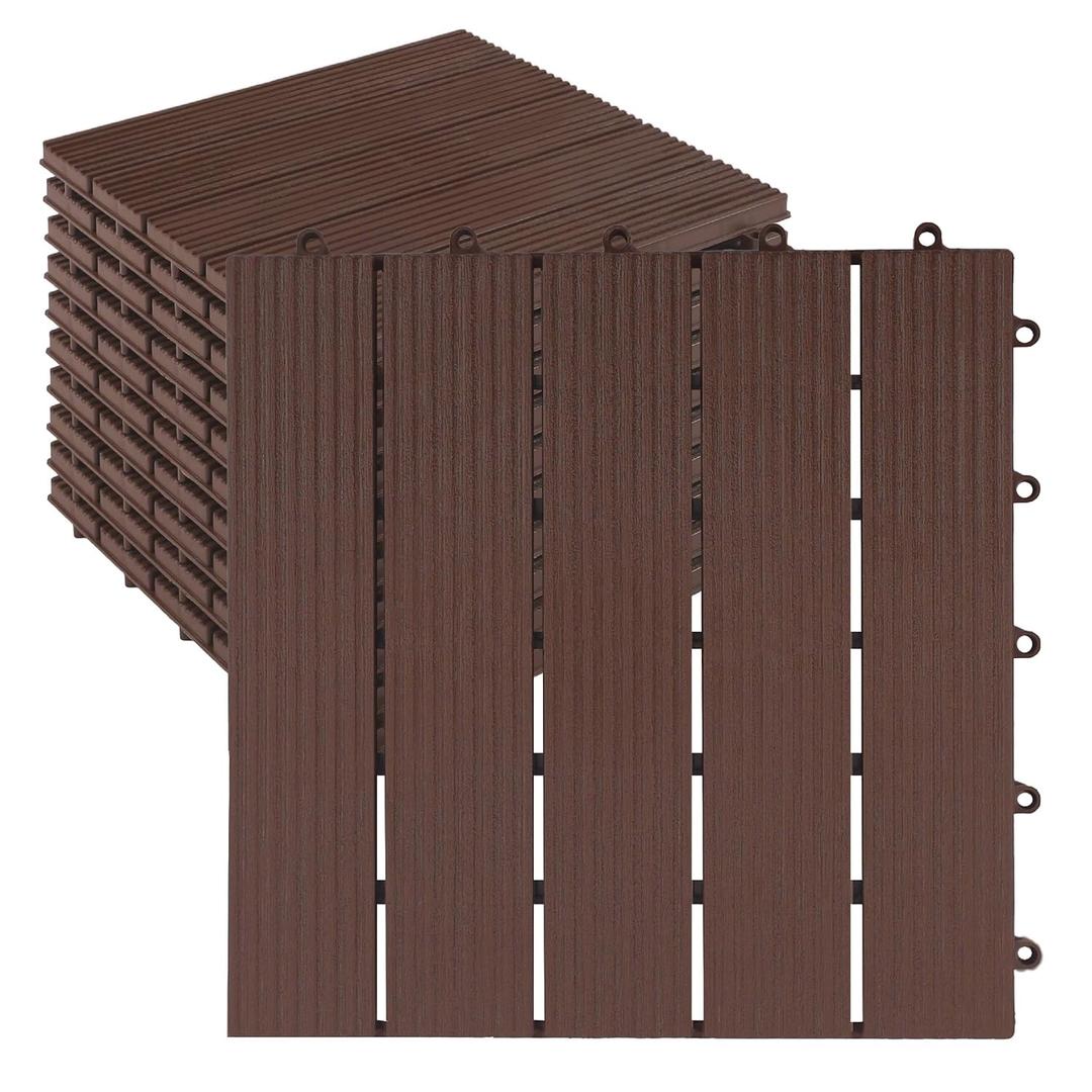 10PCS Plastic Interlocking Deck Tiles, 12x12 inches Patio Flooring, Waterproof Indoor and Outdoor Tiles All Weather for Front Porch, Backyard, Balcony, Poolside, Brown