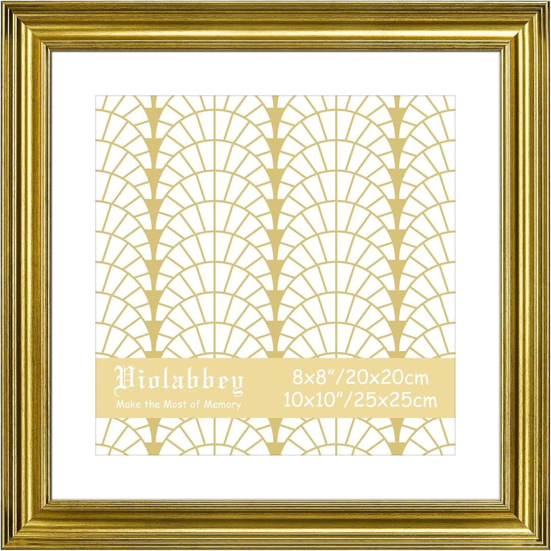 VIOLABBEY 10x10 Picture Frame Gold, Vintage Photo Frames Square, Fits Pictures 8x8 with Mat or 10 x 10 without Mat, Display for Tabletop and Wall