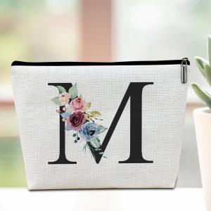 Initial Makeup Bag, Bridesmaid Gifts Travel Pouch, Personalized Gifts Lined Cosmetic Bag Toiletry Bag, Bridal Shower Monogrammed Gifts for Women Girls Sisters Mama Makeup Pouch, Letter M