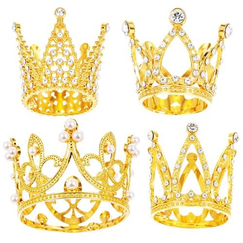 4 Pcs Crown Cake Topper, Gold Mini Birthday Crown Crystal Pearl Vintage Small Tiara Baby Princess Kueen Cake Crowns for Flower Arrangements Birthday Wedding Party Decor (Gold)