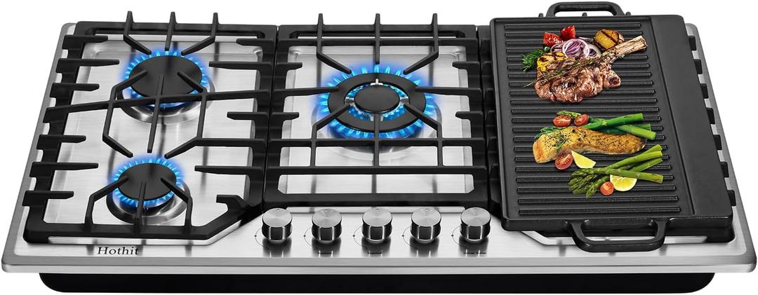 5 Burners 36 inch Gas Cooktop, Stainless Steel Gas Range Top, Gas Cooker Stove Propane Gas/Natural Gas Convertible AHT36IN10S-SDKP