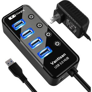 Powered USB 3.0 Hub, USB Extension 4-Port USB Hub Splitter (4 USB 3.0 Data Ports+1 Smart Charging Port) with 5V/3A Powered Adapter and Individual ON/Off Switches