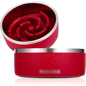 32 Oz Dog Bowl with Slow Feeder Insert Stainless Steel Pet Water Bowl for Medium & Large Breed Non Slip Rubber Base & Plastic Puzzle Feeder - Red