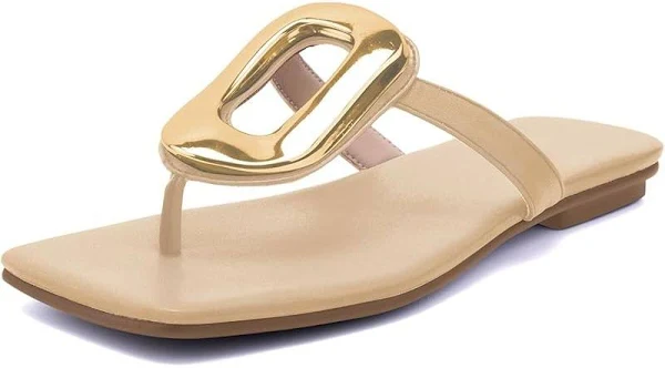 PARTY Square Toe Flip Flops Women,Fashion Designer Thong Sandals with Gold Buckle Trendy Summer Comfort Flat Sandals 11
