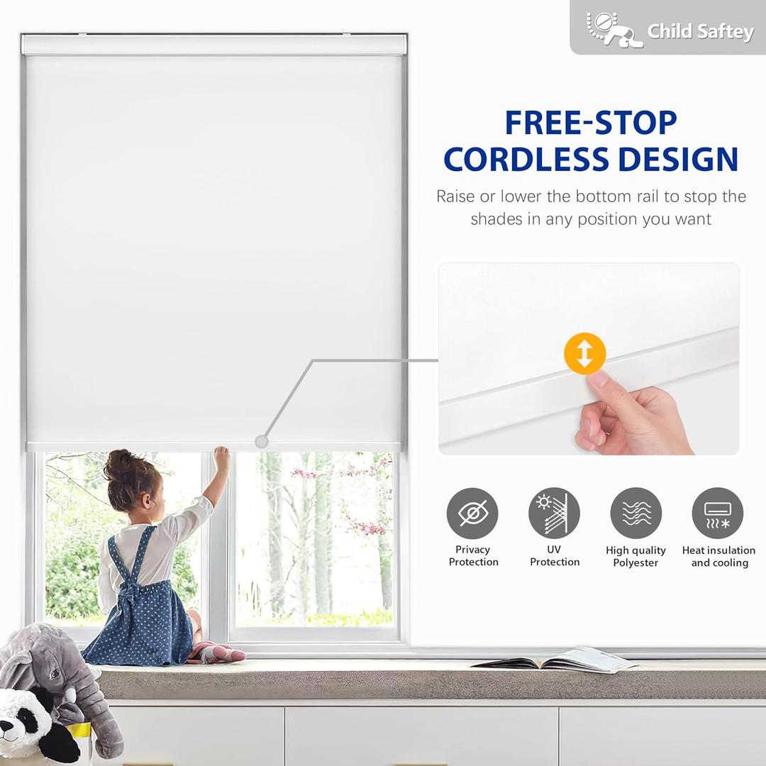 LazBlinds Cordless Roller Shades, Free-Stop Blackout Roller Blinds with Cassette Valance, Thermal Insulated UV Protection Waterproof, Roll Up Blinds for Windows, 27'' W x 72'' H, White