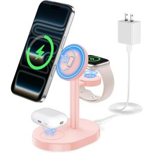Hevanto 2026 3 in 1 Wireless Charging Station for Apple MagSafe Charger, 15W Fast Mag-Safe Charger Stand for iPhone 17 16 15 14 13 12 Apple Watch AirPods Compatible with MagSafe, Pink