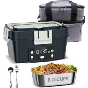 Heated Lunch Box Battery Powered with Automatic Heating, 16,000mAh Cordless Heatable Lunchbox for Adults, 1.6L Portable Food Warmer with Insulated Carry Bag Green