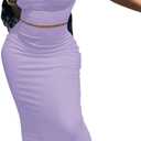 2 Piece Outfit Maxi Dress for Women, Summer Deep U Neck Sleeveless Tank Crop Tops Long Skirt Set Party Bodycon Dresses (Purple, XL)