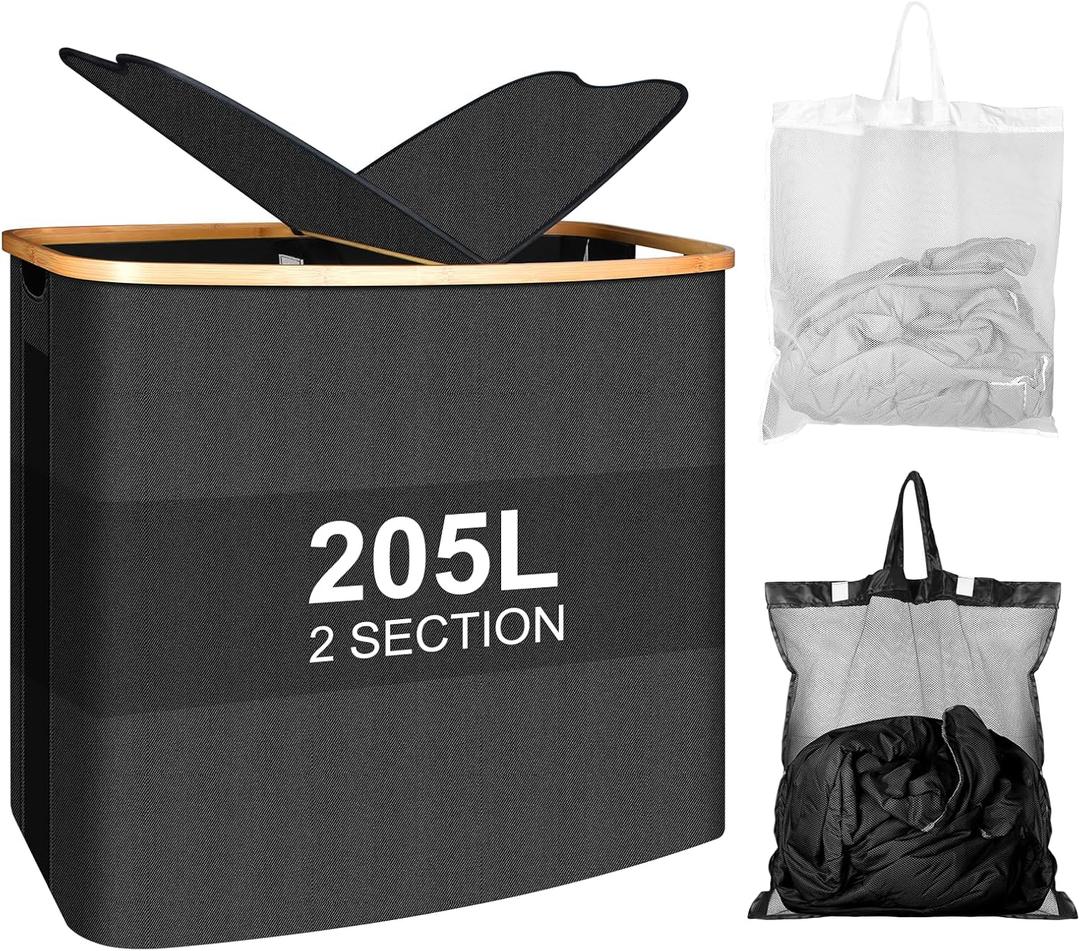 Large Laundry Hamper with Lid 205L,Collapsible 2-Section Dirty Clothes Basket Organizer for Bathroom, Bedroom & Laundry Room - Waterproof, Easy Sort, Foldable Storage Solution