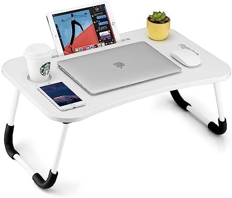 FISYOD Foldable Laptop Table, Portable Lap Desk Bed Table Tray, Laptop Stand with Cup Holder & Tablet Slot & Lifting Handle for Working Writing Drawing & Eating (White)