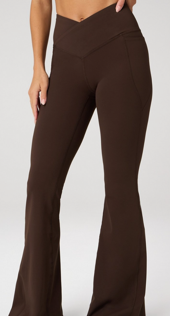 Sunvalix Flare Leggings for Women V Crossover High Waist Yoga Pants with Tummy Control for Workout Gym Casual, Brown, S