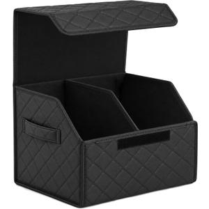 Leather Car Trunk Organizer with Lid,65L Foldable Storage Box for Universal Cars, SUVs, Sedans and MPVs, Removable Divider, Carry Handles, Black