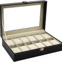 Hedume 12 Slot Leather Watch Box Display Case Organizer with Framed Glass Lid Elegant Contrast and Removable Pillow for Men and Women Watch and Jewelry Large Holder Boxes