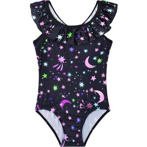 Bathing Suits for Girls Black Stars Swimwear Shoulder Ruffle Swimsuits, Size 140
