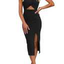 oten Women's Casual Sleeveless Cutout Twist Front Side Slit Ribbed Knit Party Bodycon Midi Dresses, Black, Size S
