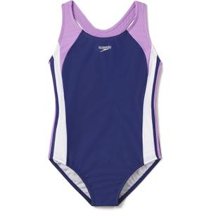 Speedo Girl's Swimsuit One Piece Mesh Splice Thick Strap (14, 2023 Sweet Taro)