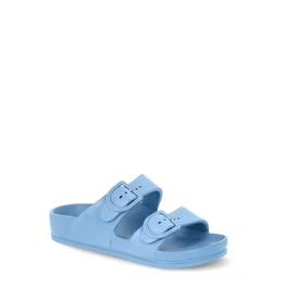FUNKYMONKEY Women's Comfort Slides Double Buckle Adjustable Plastics Flat Sandals (7, White)