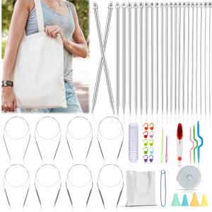 Katech Knitting Needles Set for Beginners, 9 Pairs Circular Knitting Needles Set and 22 Pcs Single Pointed Knitting Needle Set with Tote Bag Knitting Accessories Knit Supplies