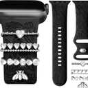 DaQin Flower Engraved Band Compatible with Apple Watch Bands 44mm 42mm 45mm 46mm for Women, Soft Silicone Strap With Decorative for Apple Watch Charms for iWatch Series 11 10 9 8 7 6 5 4 3 2 1 SE (Black Band/Silver Love)