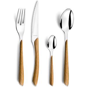 Amefa Natural Wood Handle Silverware Set - 24-Piece, Brown & Casual - Faux Wood Handle Flatware Service for 6 in Polished 18/0 Stainless Steel - Dishwasher Safe & Rust Resistant