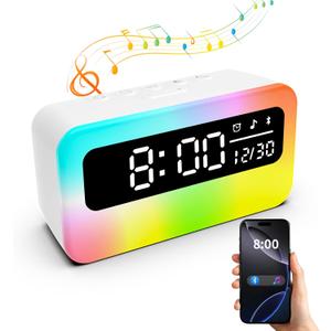 4 in 1 Rechargeable Loud Alarm Clock for Bedrooms with 16 Dynamic RGB Night Light, Digital Clock with Bluetooth Speaker, 11 Soothing Sound, 4000mAh Battery, LED Display for Bedside, Desk