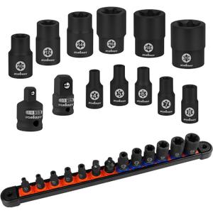 HORUSDY E-Torx Socket Set 13-Piece External Socket Set | 11-Piece Female E-Torx Sockets (E4-E20) Star Socket Set | 2-Piece Impact Socket Adapter Set