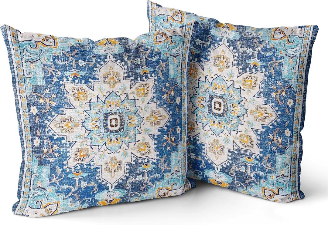 Snycler Boho Throw Pillow Covers 26x26 inch Set of 2 Boho Rug Carpet Double Sided Pattern Short Plush Cotton Soft Pillow Case Cushion Cover Pillowcase for Couch Sofa Bed Decorative (Blue)