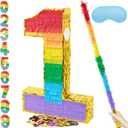 PCFING 20 Inch Number 1 Piata Rainbow with 30 Inch Piata Stick Blindfold Confetti for Boys Girls Adults Birthday Party Decorations, Anniversary Celebration, Fiesta