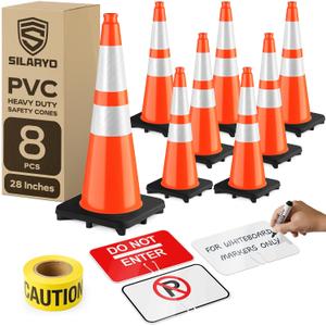 (8-Pack) SILARYO 28 Inch Traffic Cones | 330-Ft Caution Tape & 3 Attach-on Signs | Heavy-Duty Orange Traffic Cones | Tall & Large Traffic Safety Cones for Construction - PVC, Anti-Skid, -20F to 130F