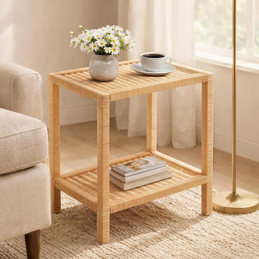 BreezeHug Rattan Side Table, 22 x 14 x 24 Inch Rectangular Wicker End Table, Natural Woven Boho Coastal Accent Nightstand with 2 Tier Shelf, Farmhouse Bedside Nightstand for Bedroom Living Room Decor