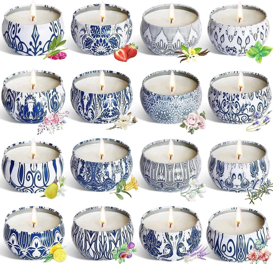 Onebird Set of 16 Scented Candle Gift Set,Natural Pure Soy Wax Aromatherapy Candles Essential Oils for Home and Women (16 Pack Blue)