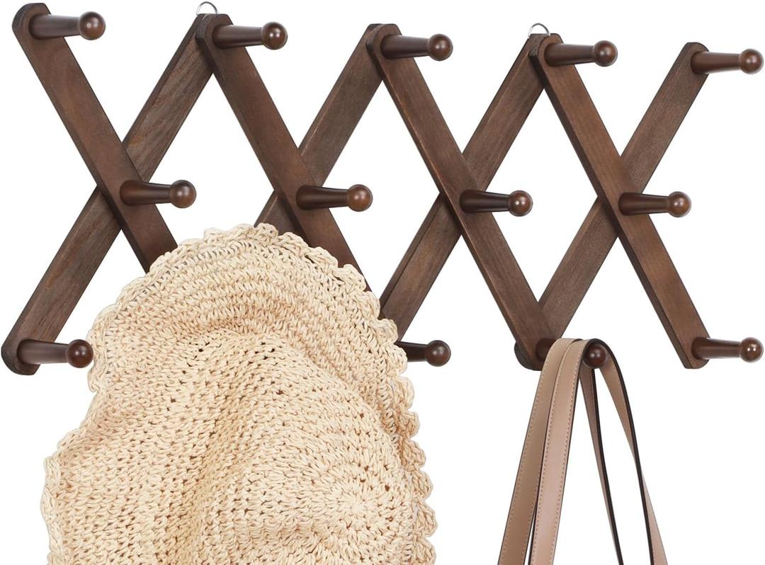 Accordion Wall Hanger, Hat Rack for Wall with 14 Coat Hooks, Expandable Hat Hangers Organizer, Vintage Decorative Coat Rack Wall Mount for Purse, Mug (Brown)