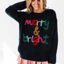 LEMAFER Women 2026 Merry Christmas Round Neck Sequin Letters Sweater Casual Solid Slogan Long Sleeve Pullover Sweatshirt Tops (Black, S)