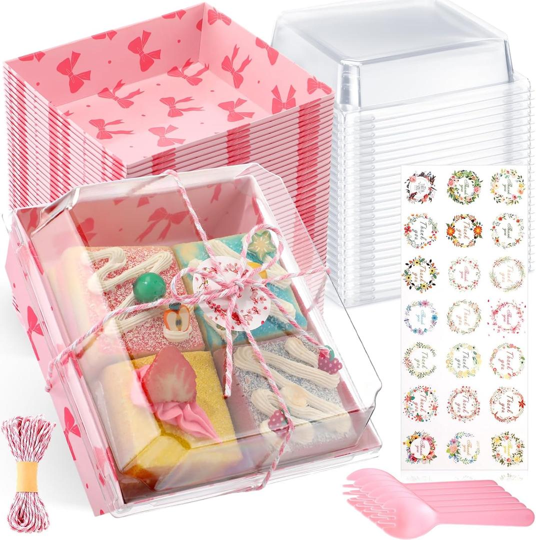 100 Pcs Small Charcuterie Boxes with Clear Lids Dessert Boxes Treat Cupcake Cake Slice Container Take Away Paper Disposable Food Containers for Sandwich Cookies Party Supplies(Pink, Bow)