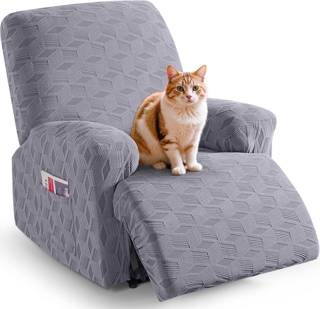 TAOCOCO Oversized Recliner Cover Stretch Recliner Chair Covers, Jacquard Reclining Chair Cover, Furniture Protector Sofa Slipcovers Couch Covers with Elastic Bottom for Kids, Pets (Light Grey) (1 XL Seater)
