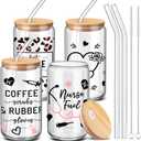 SiliFine 4 Pcs Cna Week Gifts Bulk 16 oz Nurse Glass Cups with Lid and Straw Xmas Drinking Can Shape Coffee Glass Tumbler Cup for Cna Week Rn Nursing Appreciation Party Favor Gifts