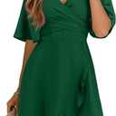 Dokotoo Women's Wrap V Neck Short Flared Sleeve Wedding Guest Dress Smocked Elastic Waist Tiered Belted Ruffle Hem Mini Dress, L