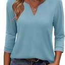 ANRABESS Womens 3/4 Length Sleeve Tops V Neck Basic Tee Shirts 2025 Spring Summer Dressy Casual Tunic Blouses Outfits Lake Blue Small Size S