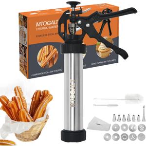 Churro Maker Machine, 21-Piece Stainless Steel Churro Kit, Churros Maker , Cookie Press Set, Hollow Churro, Spritz Cookie Press with Piping Bag, Filler, 6 Tips, 9 Discs, 2 Brushes