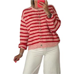 Milumia Women's Striped Button Up Cardigan Sweater Y2k Fall Long Sleeve Crewneck Oversized Sweater Top (Large, Red)