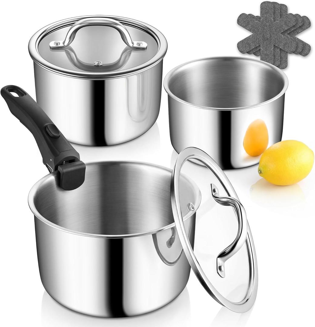 P&P CHEF Tri-Ply Cooking Pots and Sauce Pans, 9Pcs Stainless Steel Cookware Set with Removable Handle, Induction 2Qt Saucepan, 3Qt Small Pot & 4Qt Stock Pot, Oven & RV Safe to 500, Dishwasher Safe
