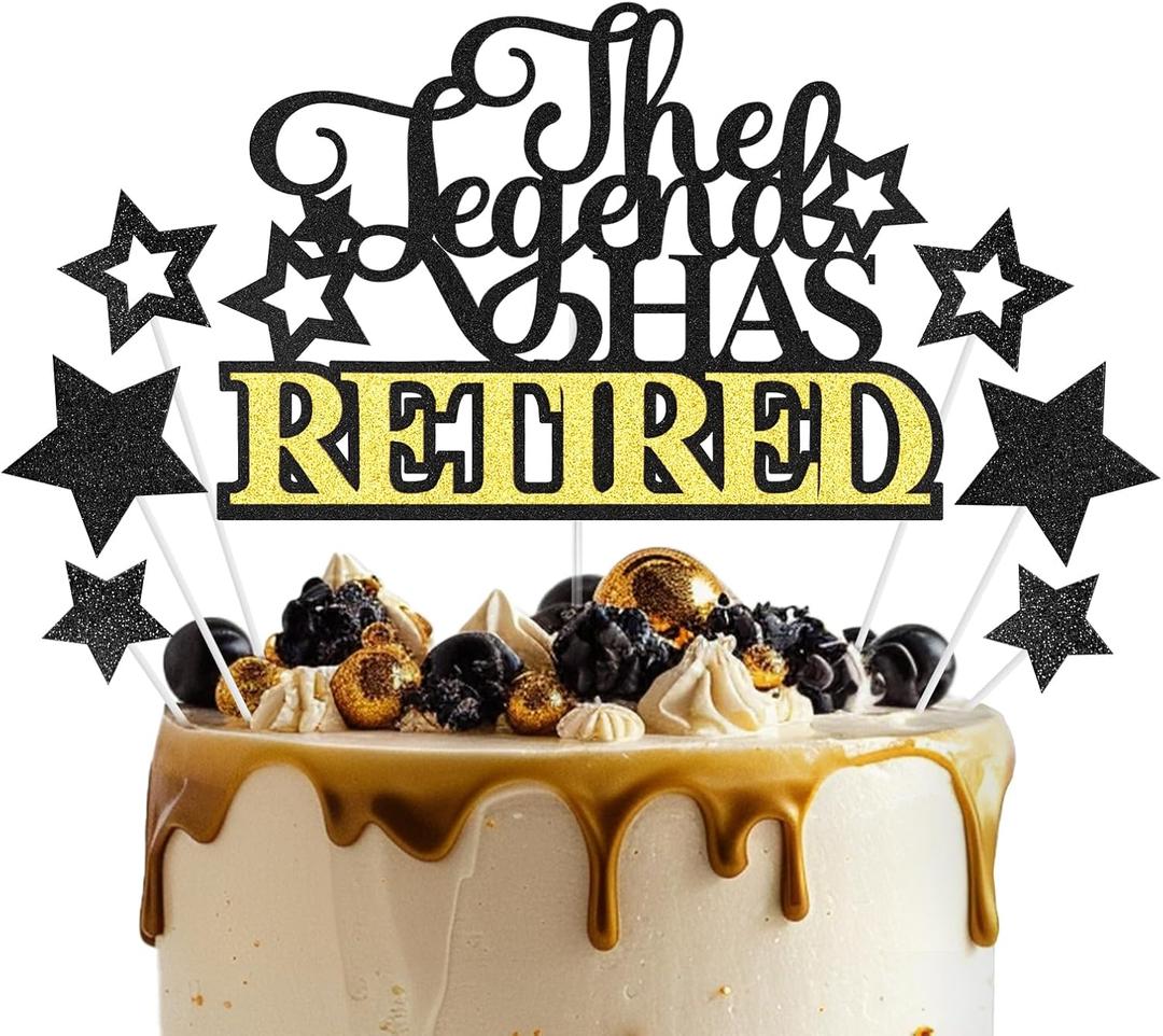 2 x Happy Retirement Cake Topper, The Legend HAS Retired Cake Topper, Black Gold Glitter Officially Retired Cake Decorations, Retirement Farewell Party Supplies Decor for Men Women