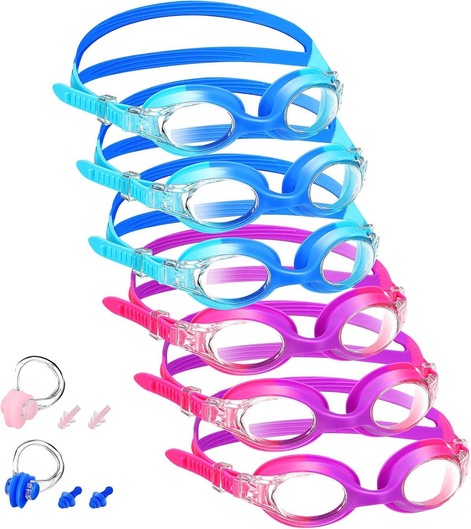 Macarrie 6 Pcs Kids Swim Goggles No Leaking Anti Fog Swimming Goggles for Kids Boys Girls with Nose Clip Earplugs, Age 3-14