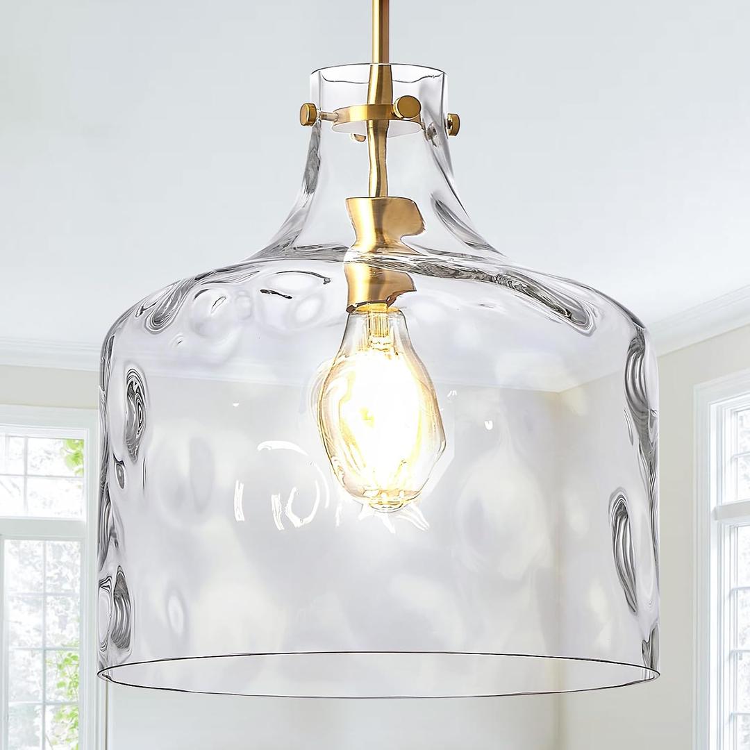CATINER 16" Extra Large Farmhouse Pendant Light Hand-Blown Hammered Glass Shade, Gold Finish, Adjustable Chain Ceiling Light for Kitchen Island, Dining Room, Hallway, 12" W x 16" H x 5" Canopy x 4.2' Chain