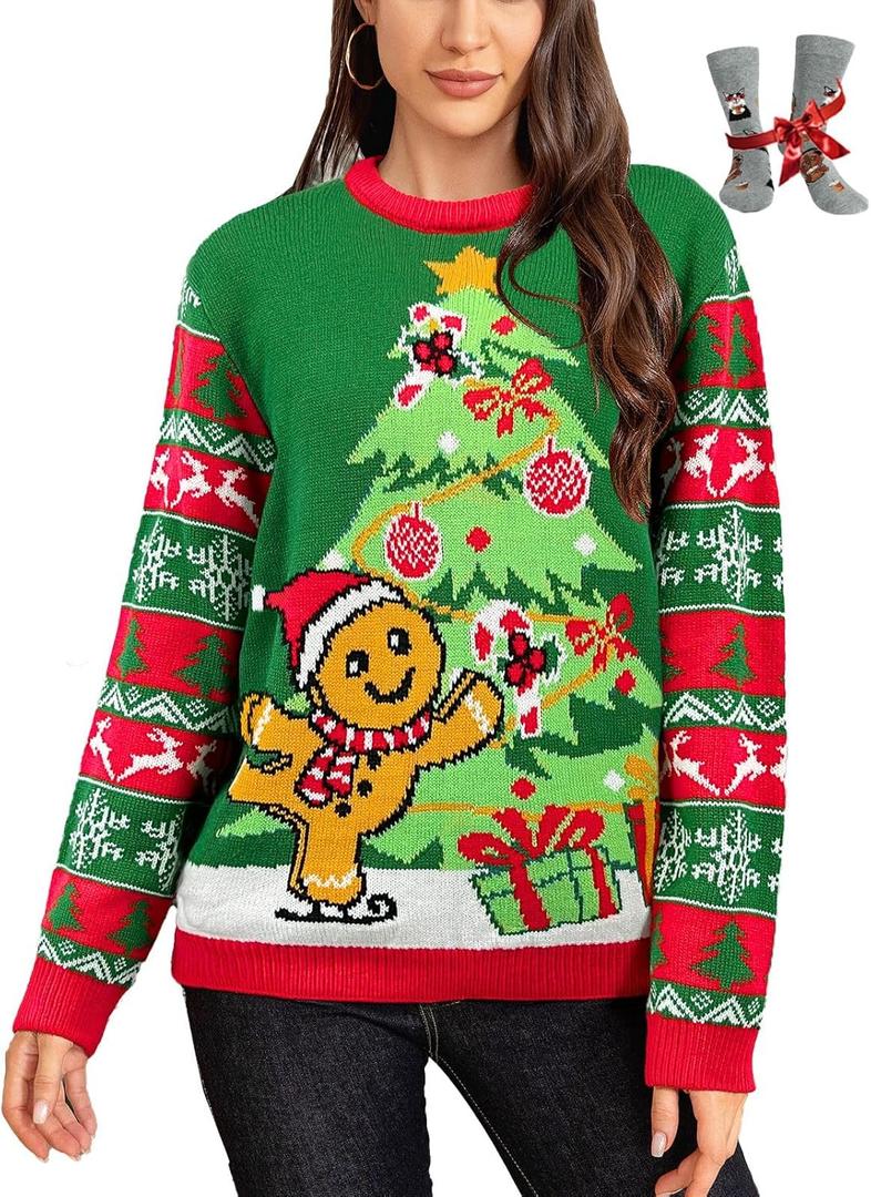 LANPULUX Ugly Christmas Sweaters for Women Pullover Christmas Sweater Funny Novelty Sweater Tops Knitted Party Jumper (Green)