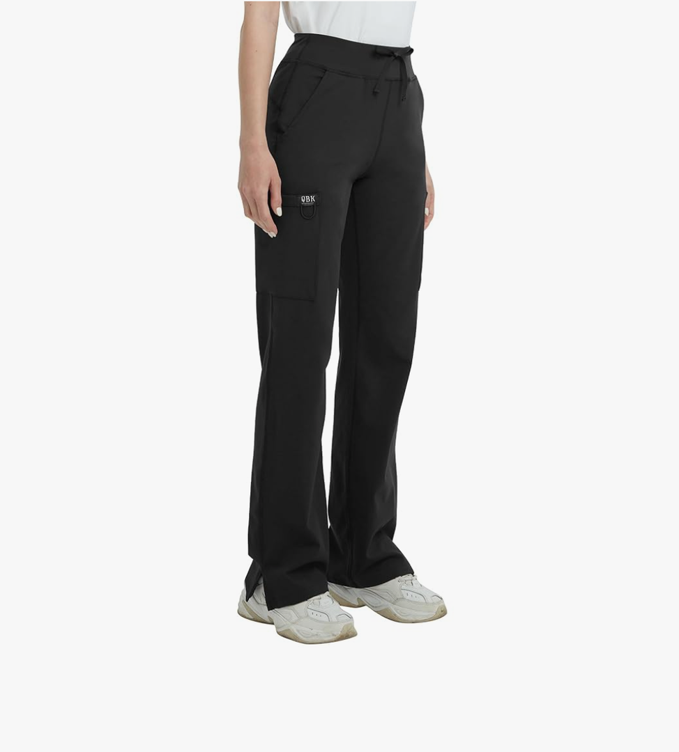 QBK High Rise Yoga Scrub Pants Women - Straight Wide Leg Uniform Pants with Cargo Pocket, Anti-Wrinkle & Knit Yoga Waistband XS Petite
