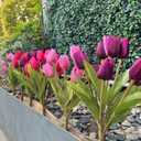 Artificial Fake Flowers for Spring Summer Outdoor Decoration,6 Bundles Realistic UV Resistant Silk Fabric Colorful Tulip Faux Plants for Outside Planter Home Porch Patio Decor(Pink Purple)