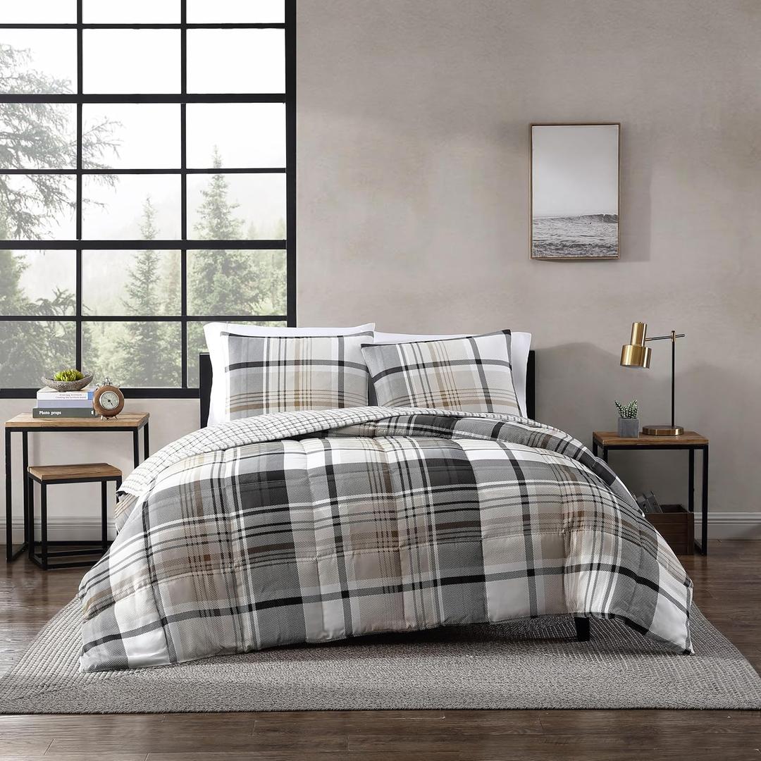 Eddie Bauer - Twin Comforter Set, Reversible Plaid Bedding with Matching Sham, Oeko-Tex Certified, Dorm Essentials (Normandy Grey)
