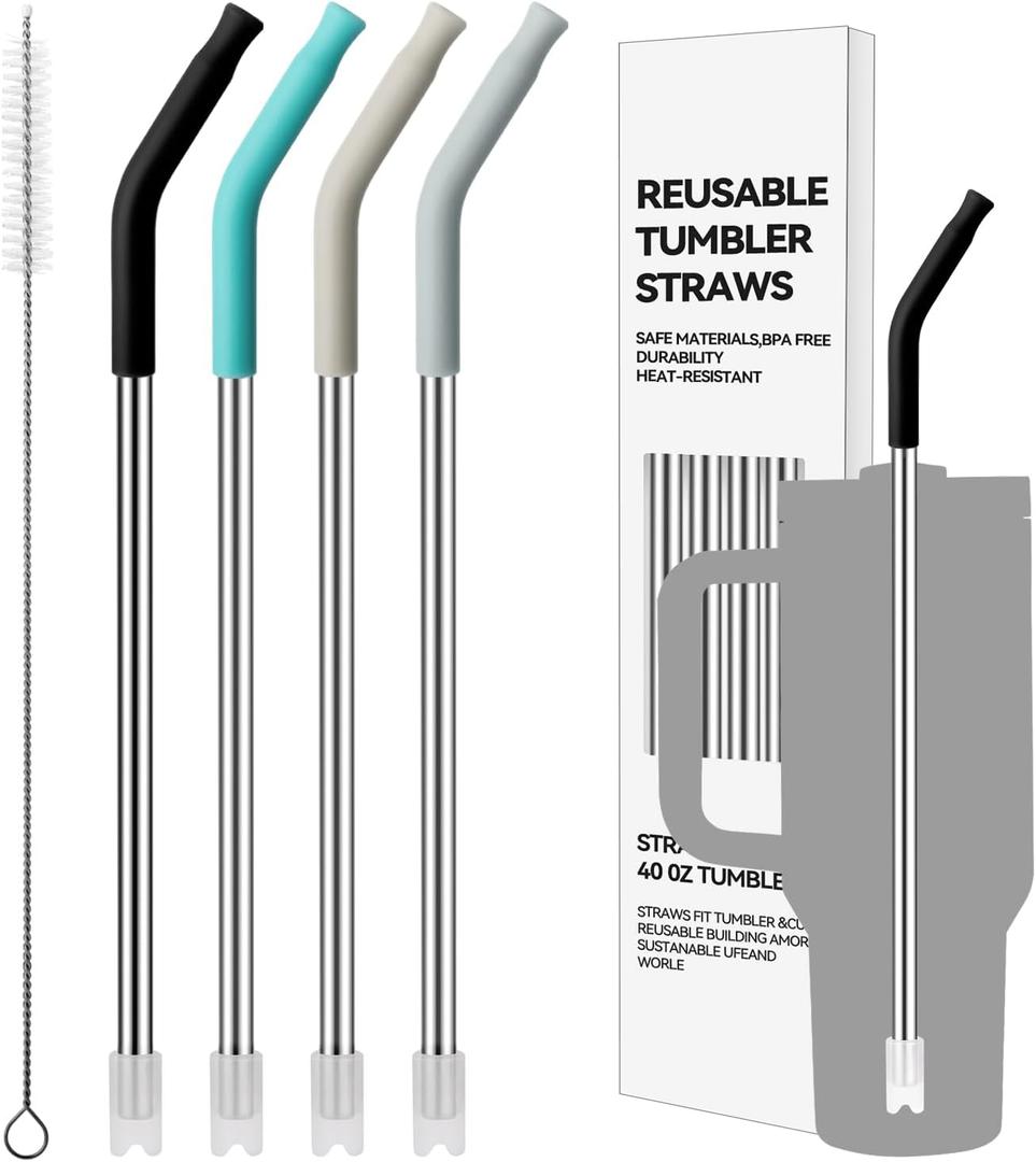 4 Pcs 40 oz Metal Straws for Stanley Cup,Simple Modern, Meoky Tumbler, Reusable Stainless Steel Straws with Silicone Tips, Replacement Straws for 40oz Tumblers