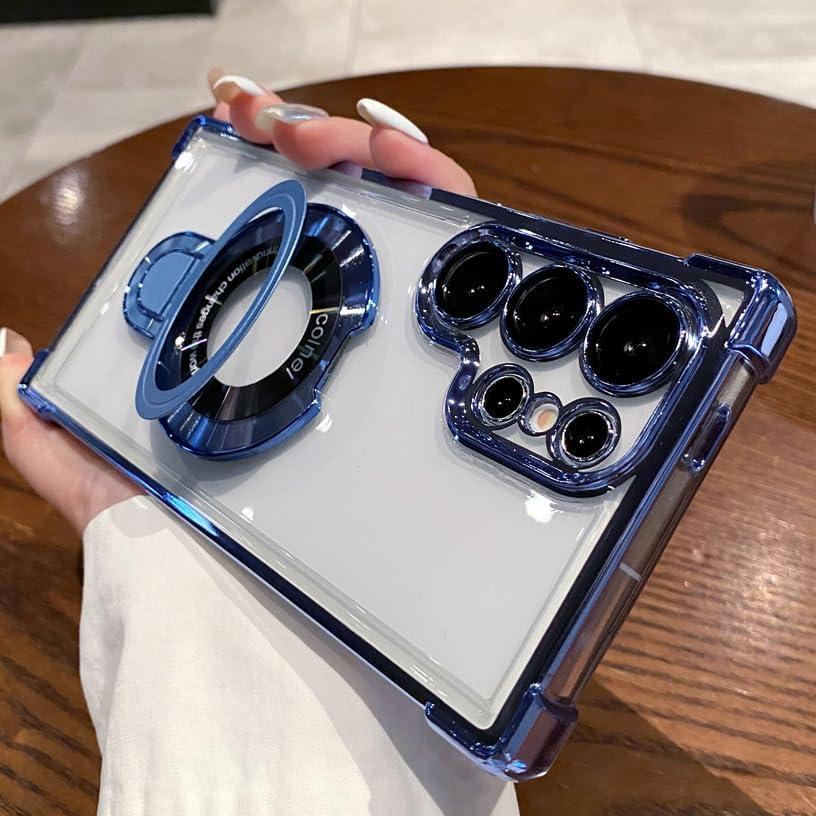 [Compatible with Magsafe ] Kickstand Case for Samsung Galaxy S24 S23 S22 Ultra Plus Note20Ultra [with Camera Lens Protector] Magnetic Holder Millitary Cover (Blue,for Samsung S22 Ultra)